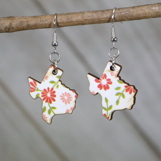 Red and Green Floral Texas State Wooden Dangle Earrings - - Cate's Concepts, LLC