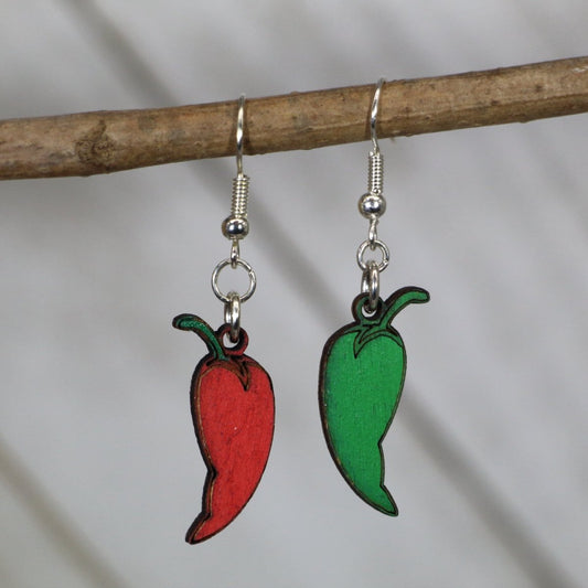 Red and Green Mismatched Chili Pepper Wooden Earrings - - Cate's Concepts, LLC