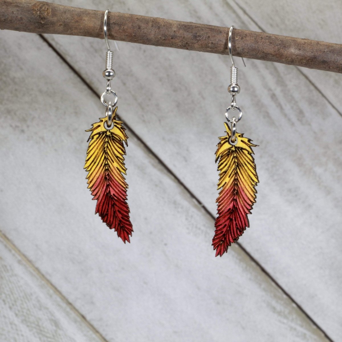 Red and Yellow Wooden Feather Dangle Earrings - - Cate's Concepts, LLC