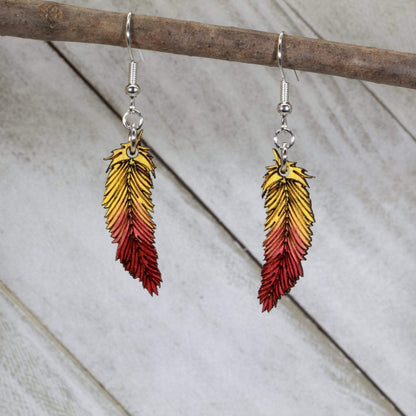 Red and Yellow Wooden Feather Dangle Earrings - - Cate's Concepts, LLC