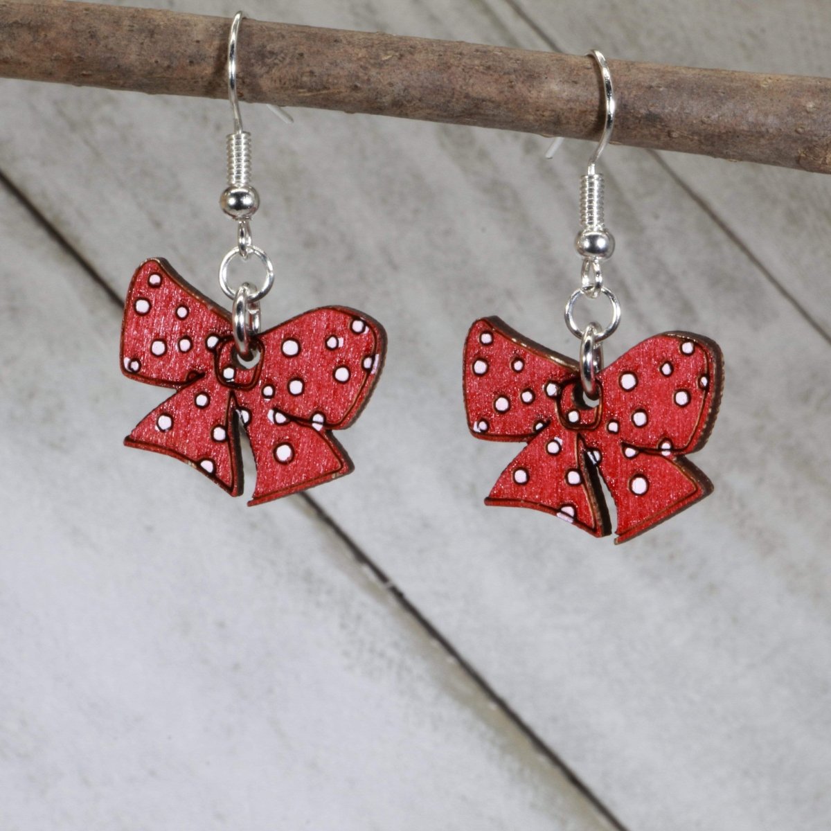 Red Bow Wooden Dangle Earrings - - Cate's Concepts, LLC