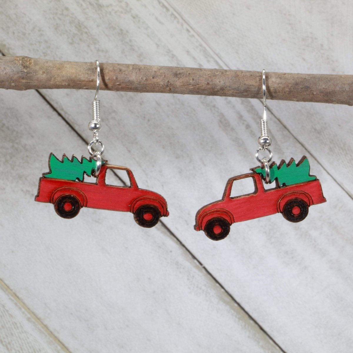 Red Truck Christmas Tree Earrings - - Cate's Concepts, LLC