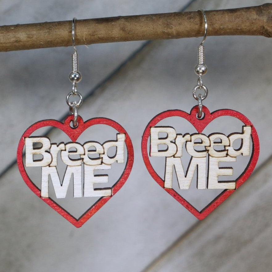 Hand-painted red wooden “Breed Me” dangle earrings with bold adult humor lettering and hypoallergenic sterling silver hooks, cheeky novelty statement jewelry earrings for playful edgy style
