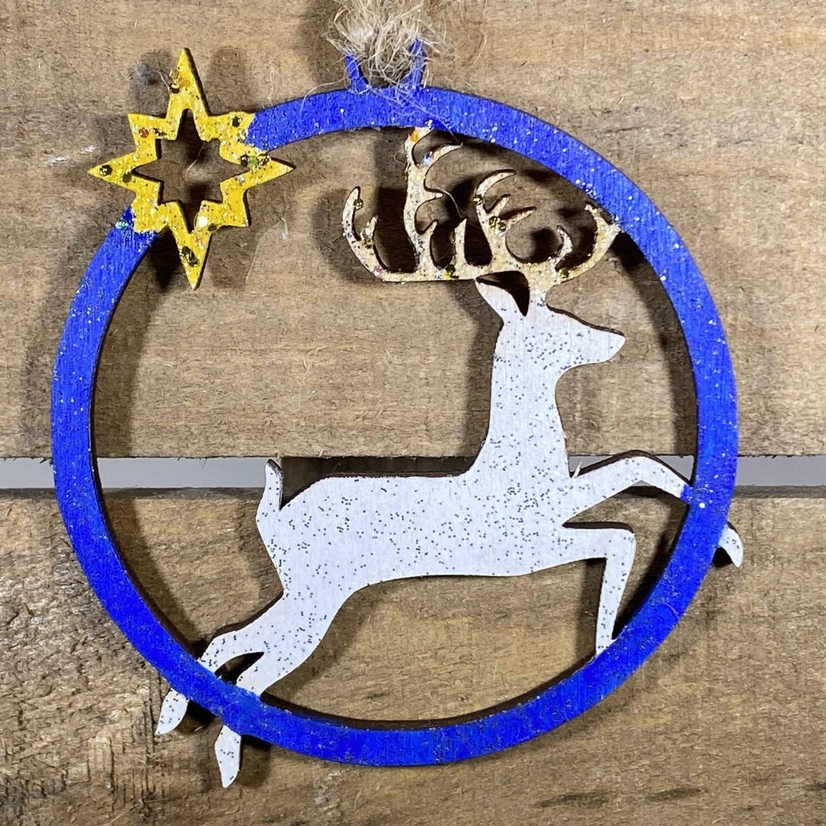 Reindeer Christmas Wooden Ornaments - Blue/ White Glitter - Cate's Concepts, LLC
