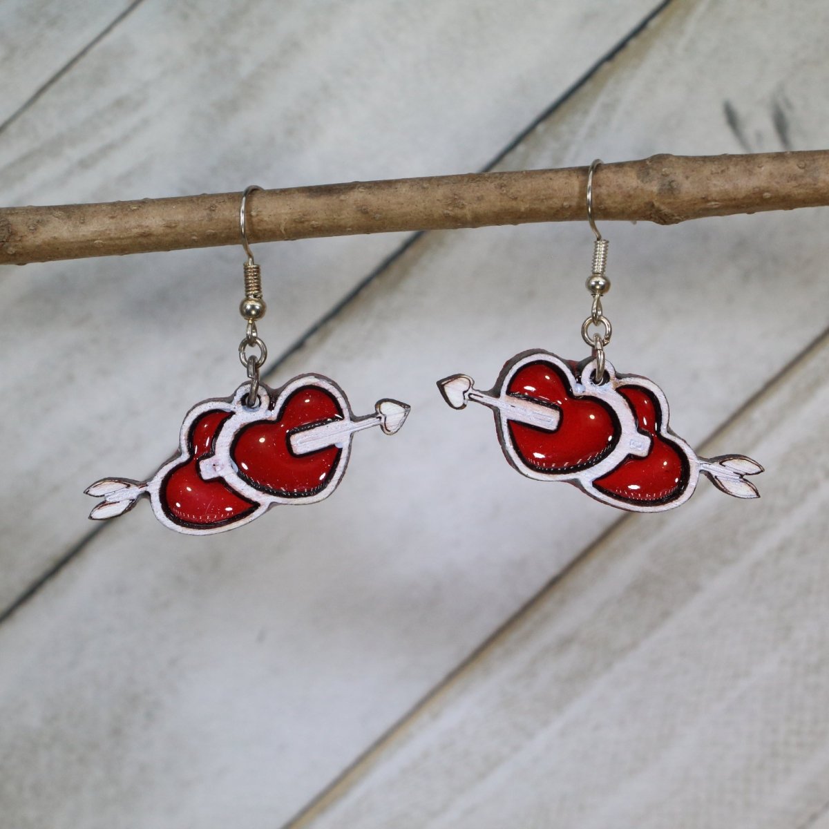 Romantic Two Hearts and an Arrow Dangle Earrings - - Cate's Concepts, LLC