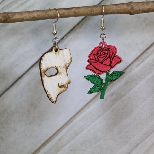 Rose and Mask Wooden Dangle Earrings - Elegant Theatre Accessories - - Cate's Concepts, LLC