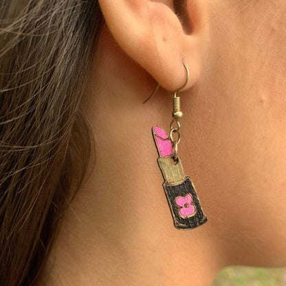 Sexy Lips and Lipstick Wooden Dangle Earrings - Pink - Cate's Concepts, LLC