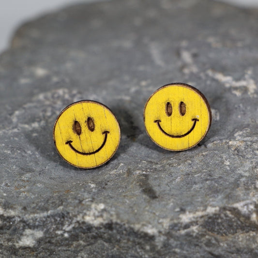 Smiley Face Wooden Earrings - - Cate's Concepts, LLC