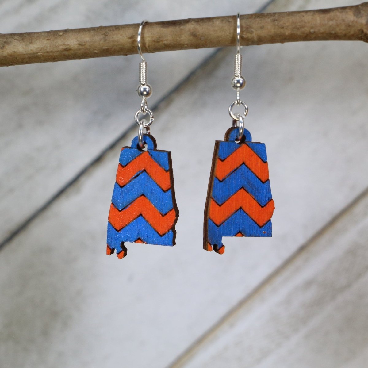 Southern Alabama Charm Chevron Wooden Earrings - Blue / Orange - Cate's Concepts, LLC