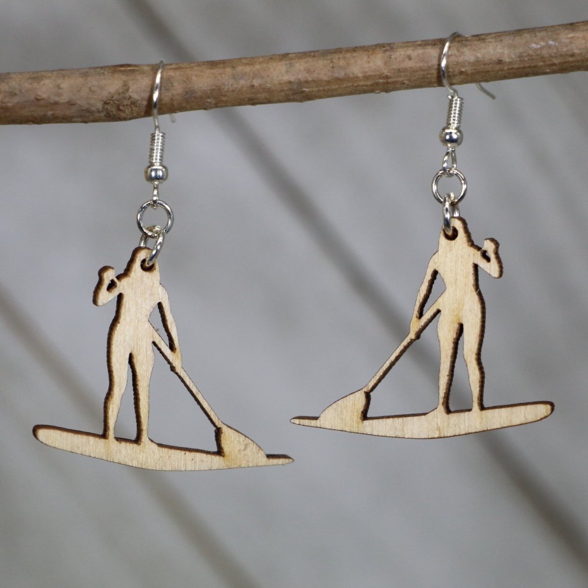 Stand Up Paddle Boarder Wooden Dangle Earrings - - Cate's Concepts, LLC