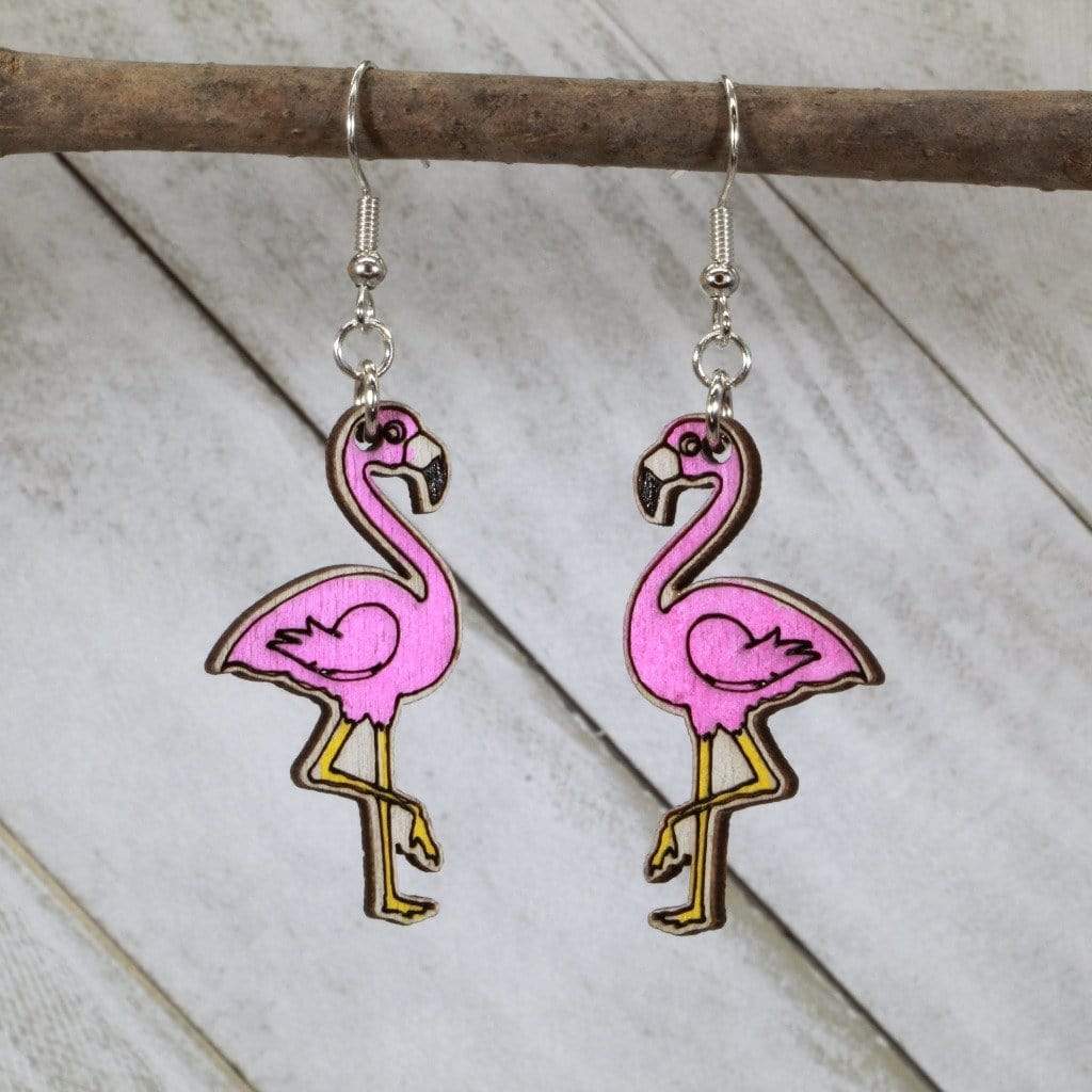 Standing Pink Flamingos Wooden Dangle Earrings - - Cate's Concepts, LLC