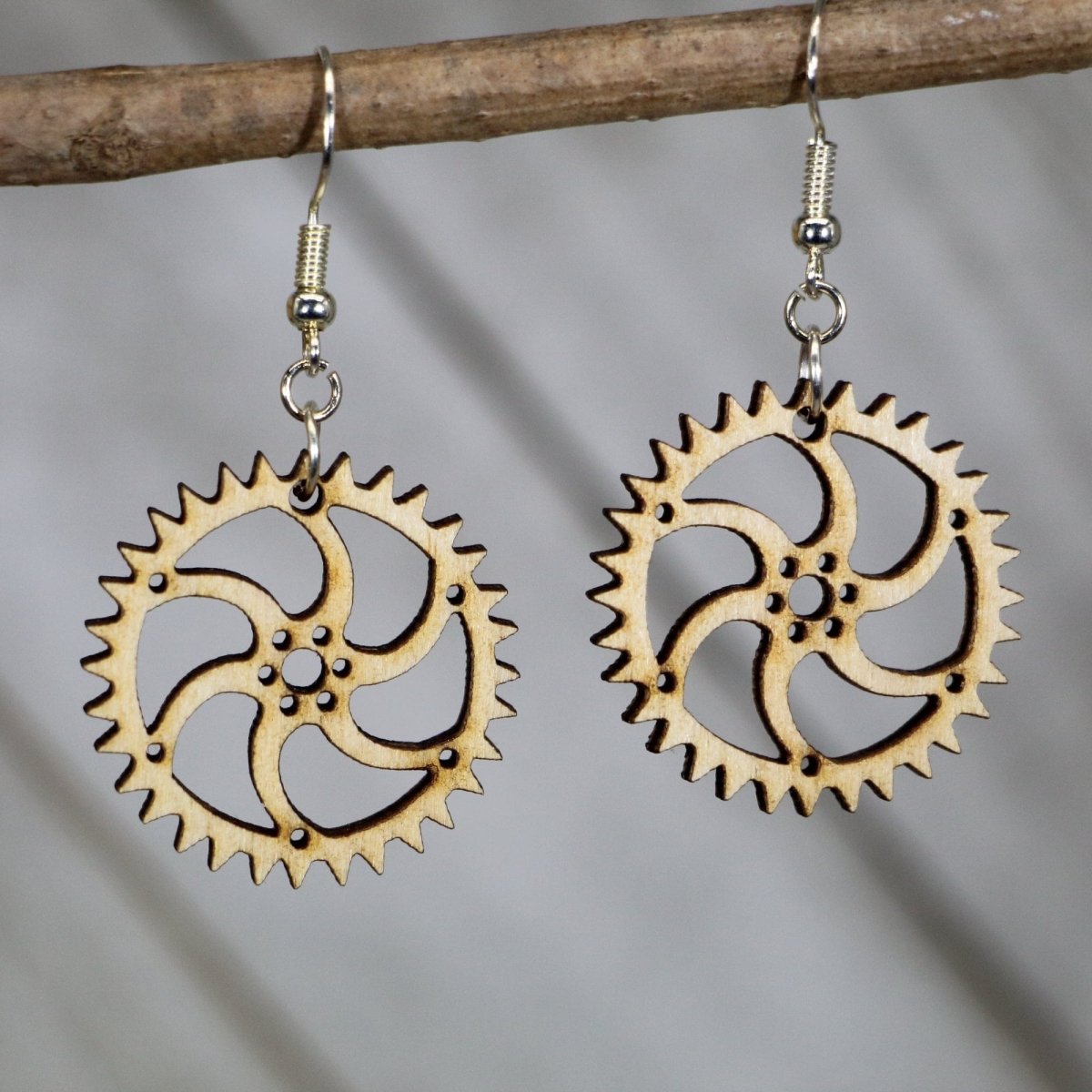 Steampunk Gear Wooden Dangle Earrings - Natural - Cate's Concepts, LLC