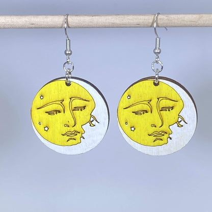 Sun and Moon Embracing Wooden Dangle Earrings - - Cate's Concepts, LLC