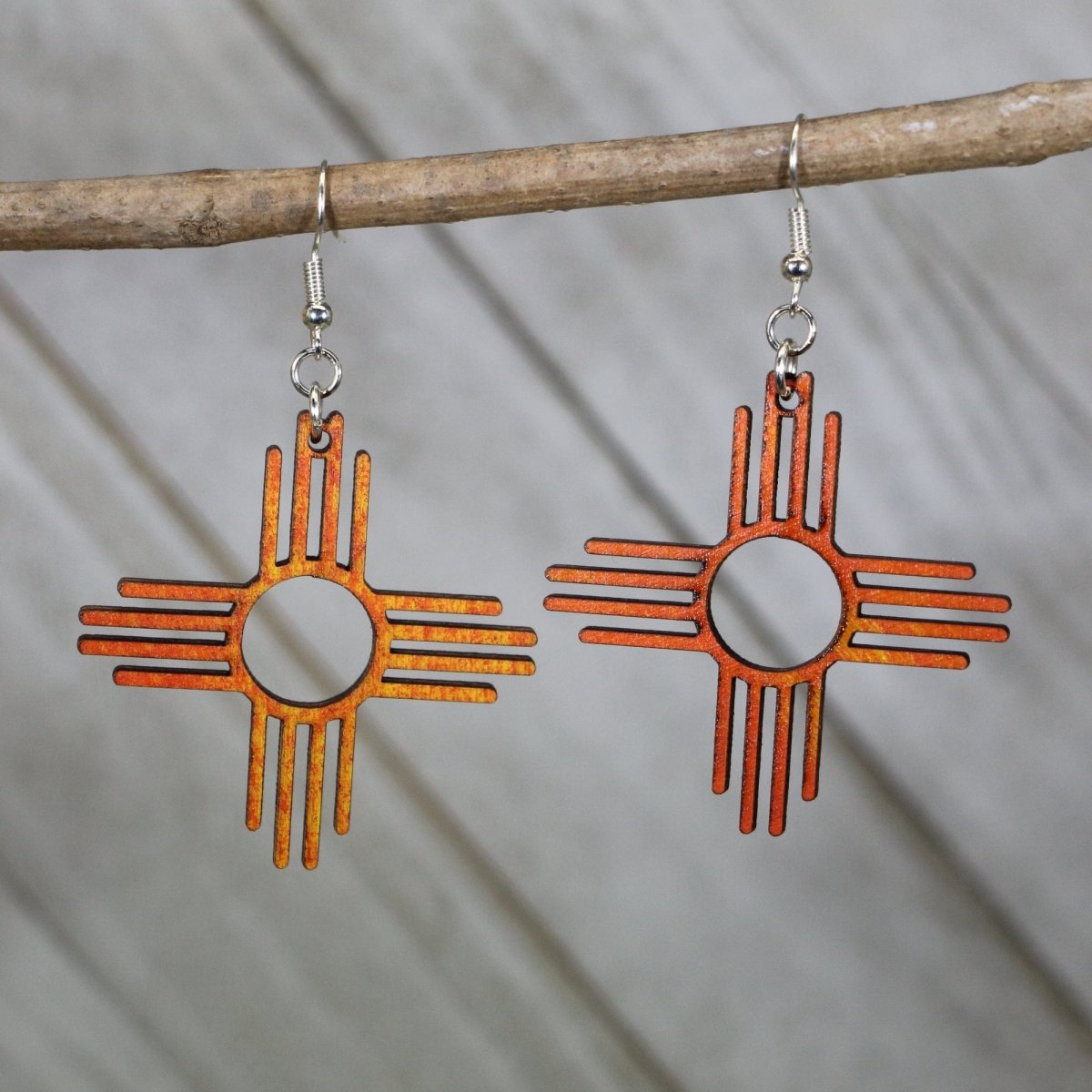 Sunburst Zia New Mexico Wooden Dangle Earrings - - Cate's Concepts, LLC