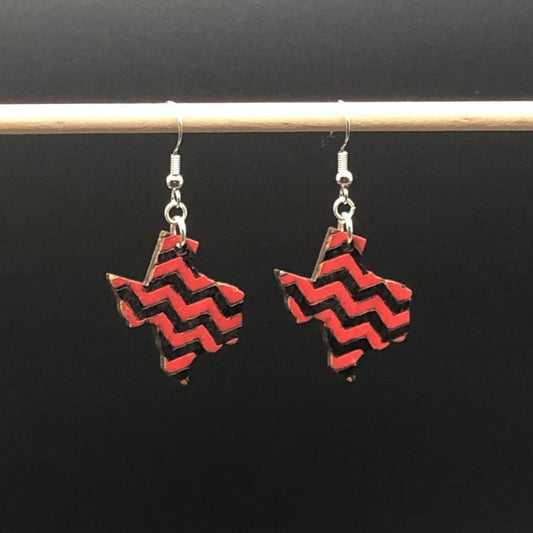 Texas Black and Red Chevrons Wooden Dangle Earrings - - Cate's Concepts, LLC