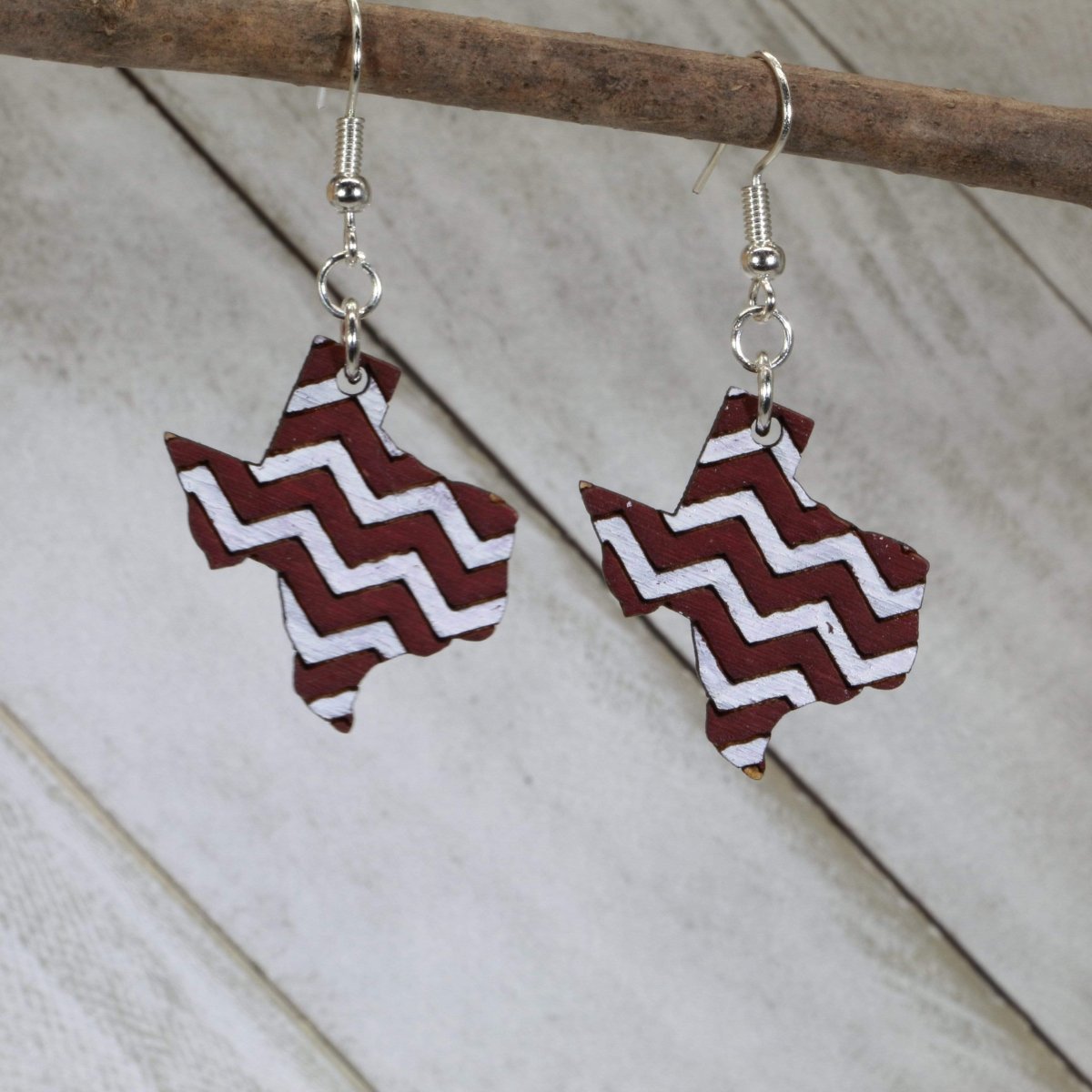 Texas Maroon & White Chevron Wooden Dangle Earrings - - Cate's Concepts, LLC