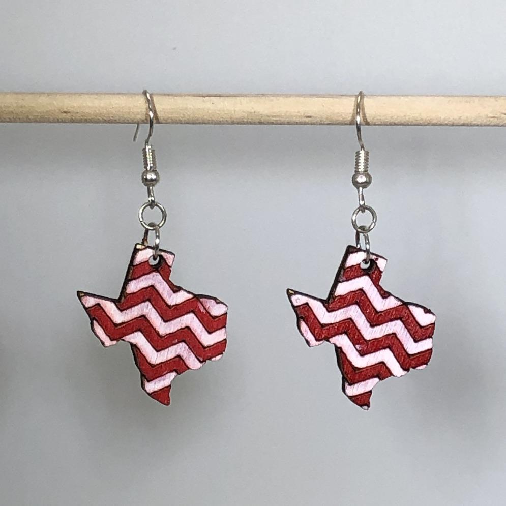 Texas Red and White Chevrons Wooden Dangle Earrings - - Cate's Concepts, LLC