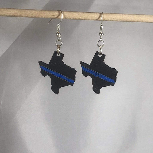 Texas State Thin Blue Line Wooden Dangle Earrings - - Cate's Concepts, LLC