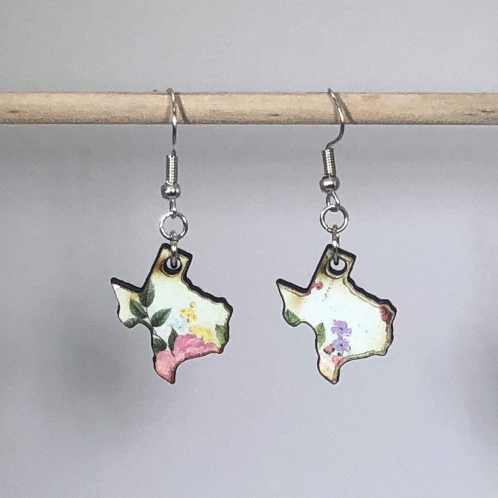 Texas State Wooden Dangle Earrings - Floral - Cate's Concepts, LLC