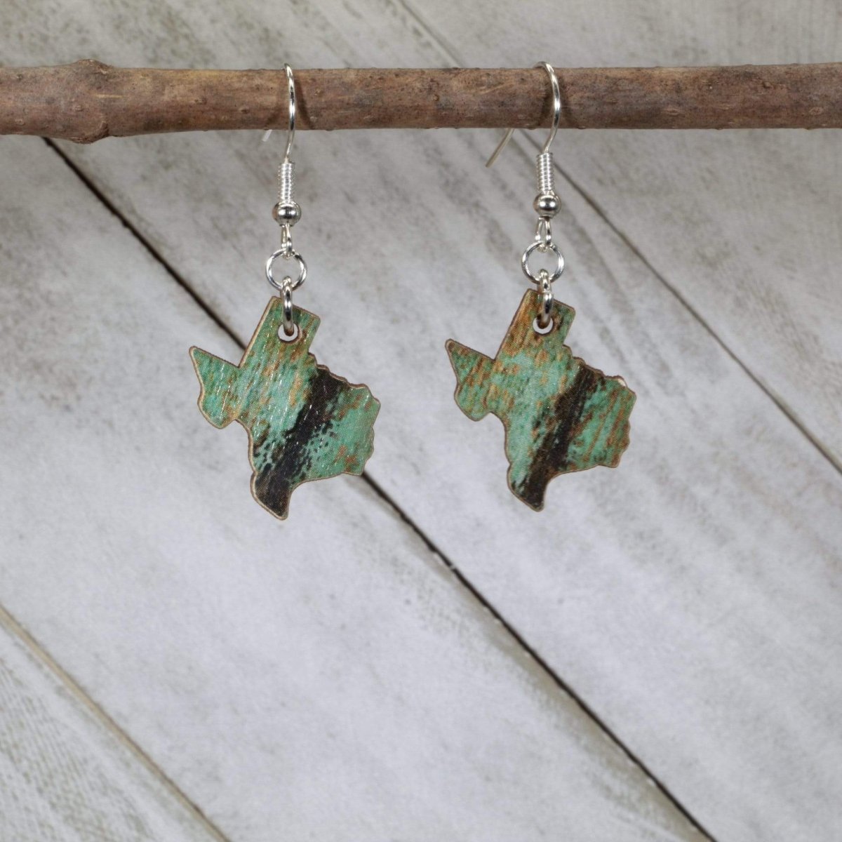 Texas State Wooden Dangle Earrings - Teal Wood Grain - Cate's Concepts, LLC