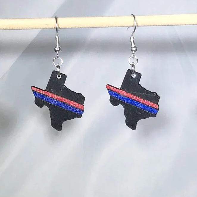 Thin Red/Blue Line Texas State Wood Dangle Earrings - - Cate's Concepts, LLC