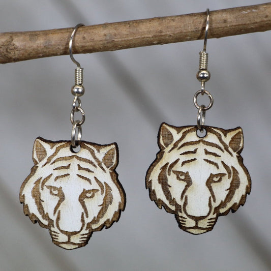 Tiger Face Wooden Dangle Earrings - - Cate's Concepts, LLC