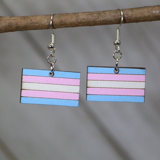 Trans Flag Wooden Dangle Earrings - - Cate's Concepts, LLC