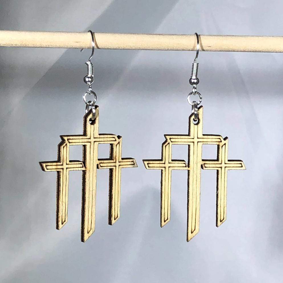 Triple Cross Wooden Dangle Hanging Earrings - - Cate's Concepts, LLC