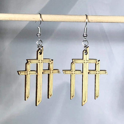 Triple Cross Wooden Dangle Hanging Earrings - - Cate's Concepts, LLC