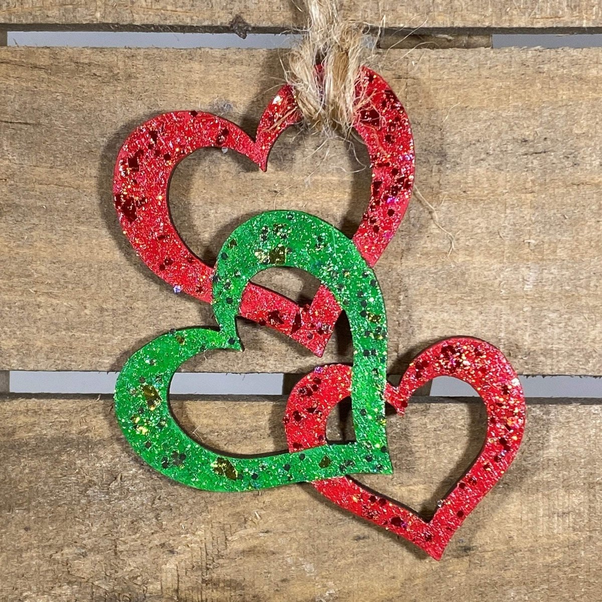 Triple Heart Christmas Wooden Ornaments - Red/Green - Cate's Concepts, LLC
