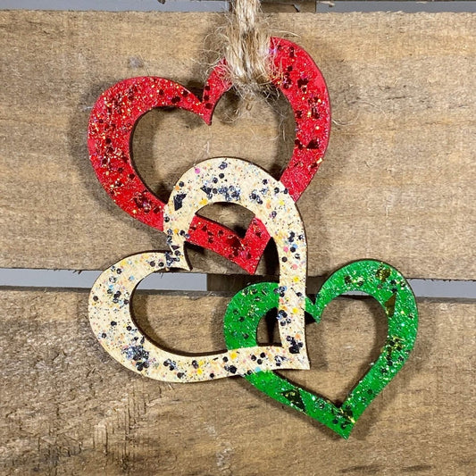 Triple Heart Christmas Wooden Ornaments - Red/Natural/Green - Cate's Concepts, LLC