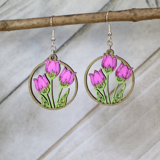 Tulip Wooden Dangle Earrings - Nature Inspired Jewelry - - Cate's Concepts, LLC