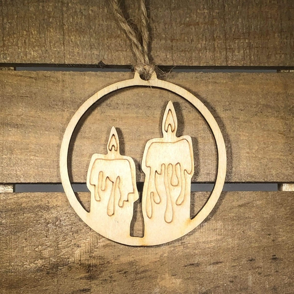 Two Candles in Circle Christmas Wooden Ornaments - Natural - Cate's Concepts, LLC