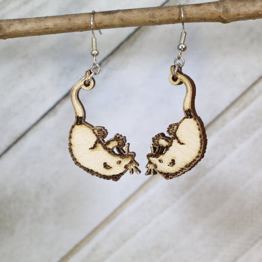 Unique Opossum Wooden Drop Earrings - Whimsical Animal Accessories - - Cate's Concepts, LLC