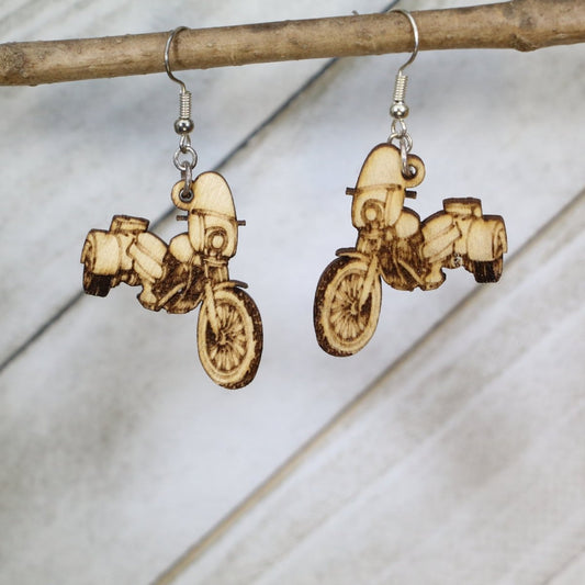 Vintage Style Motorcycle Trike Wood Dangle Earrings - Boho Statement Jewelry - - Cate's Concepts, LLC