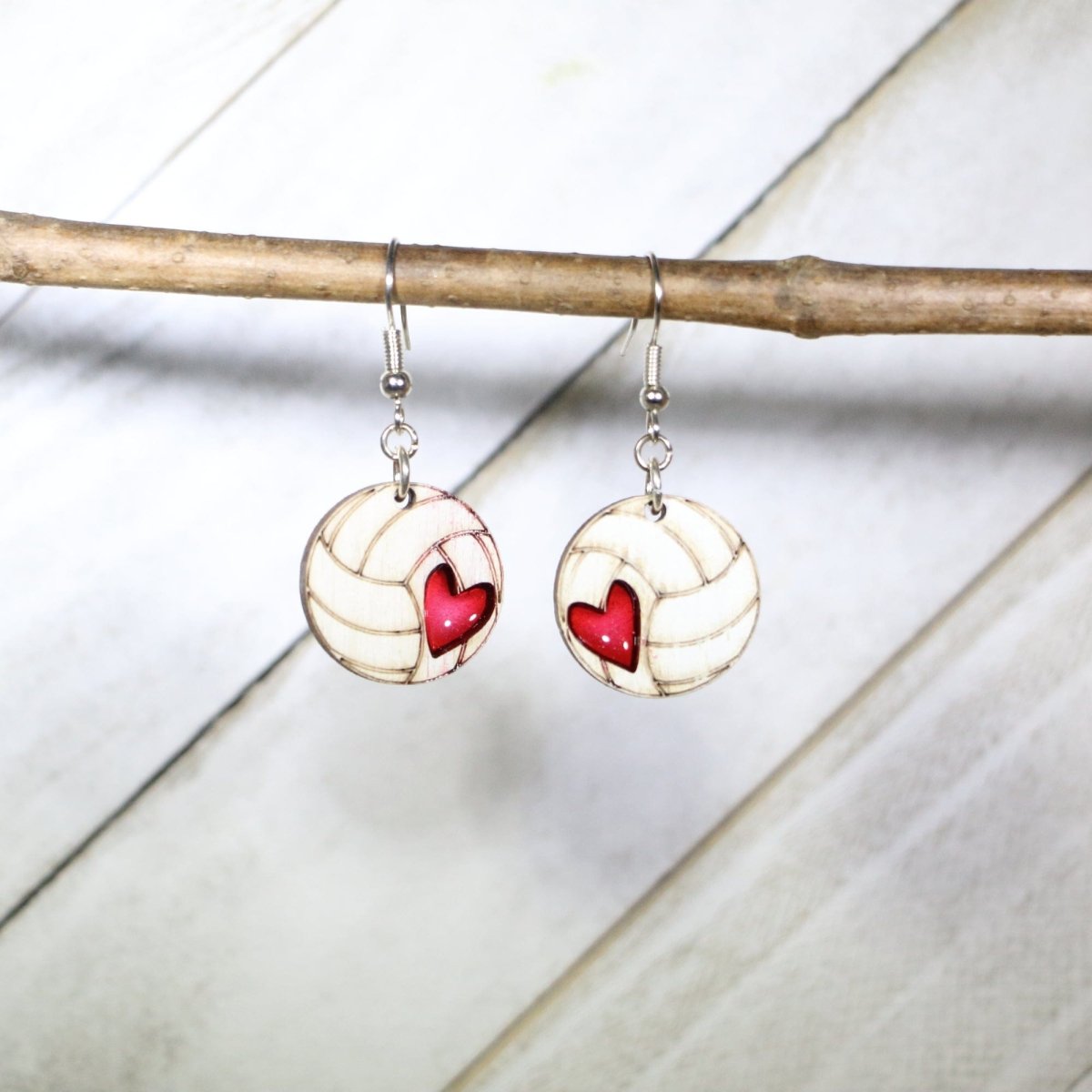 Volleyball Heart Wooden Dangle Earrings - - Cate's Concepts, LLC