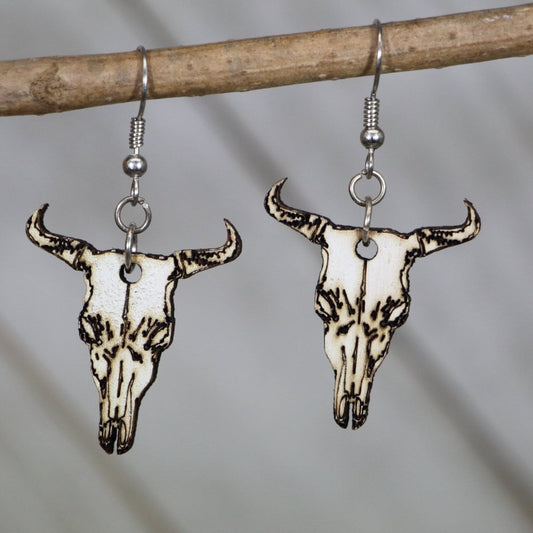 Western Cow Skull Wooden Dangle Earrings - - Cate's Concepts, LLC