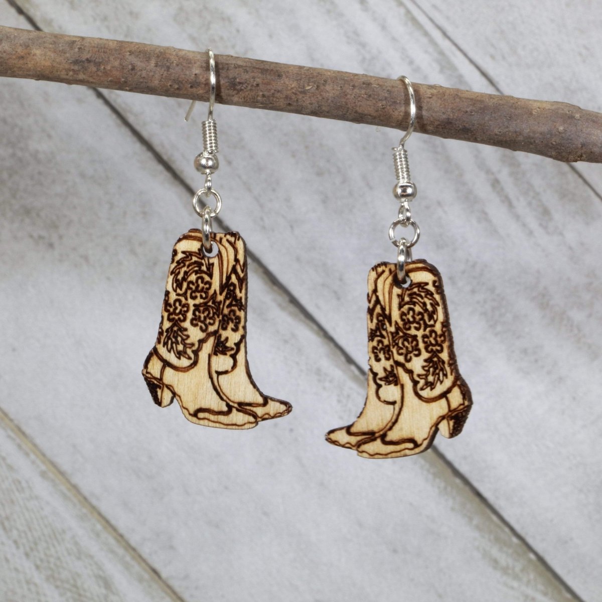 Western Cowboy Boots Dangle Earrings - Natural Wood - Cate's Concepts, LLC
