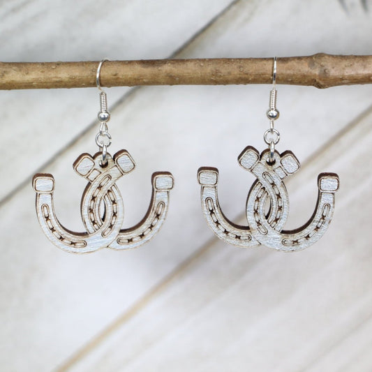 Western Horseshoes Wooden Dangle Earrings - Silver - Cate's Concepts, LLC