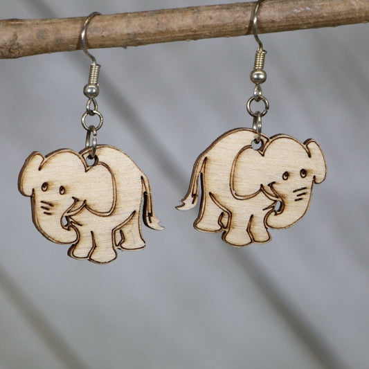 Whimsical Elephant Wooden Dangle Earrings with Trunks Up - - Cate's Concepts, LLC