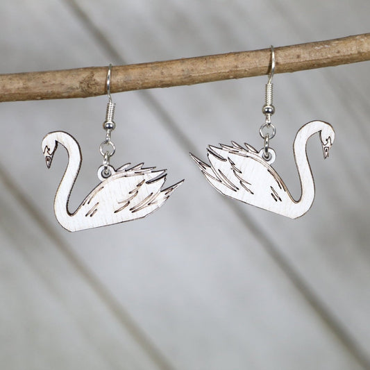 White Swan Wooden Dangle Earrings - - Cate's Concepts, LLC