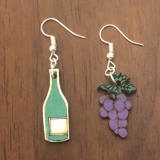 Wine Bottle and Grapes Wooden Mismatched Dangle Earrings - - Cate's Concepts, LLC