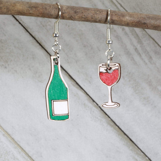 Wine Bottle and Wine Glass Wooden Mismatched Dangle Earrings - - Cate's Concepts, LLC