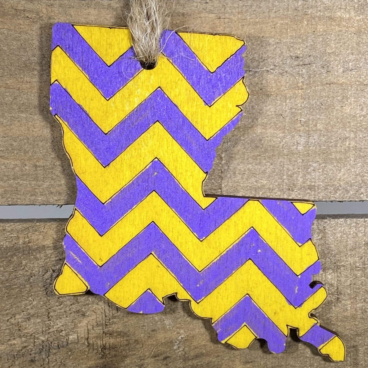 Yellow and Purple colored Louisiana Wooden Ornaments - - Cate's Concepts, LLC
