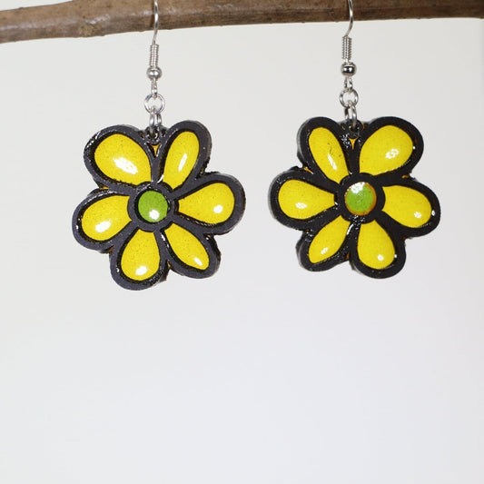 Yellow Flower Wooden Dangle Earrings - - Cate's Concepts, LLC