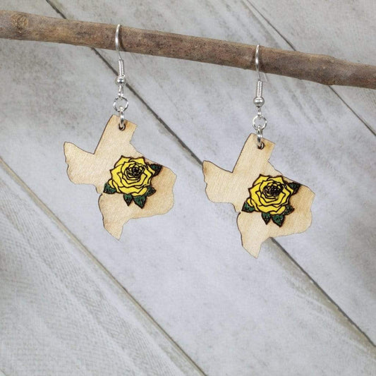 Yellow Rose of Texas Wooden Earrings - - Cate's Concepts, LLC
