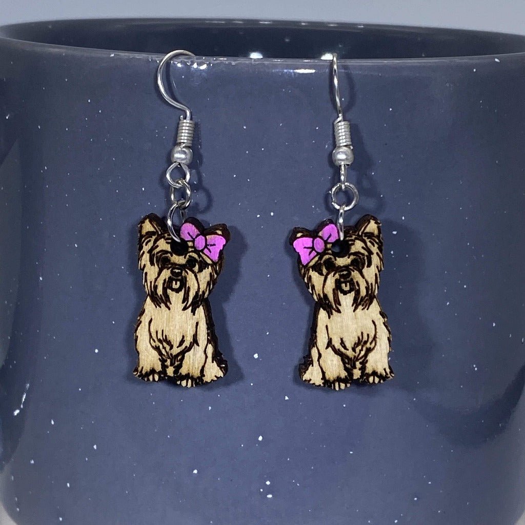 Yorkshire Terrier "Yorkies" Dangle Earrings - One Bow and One Without - Cate's Concepts, LLC