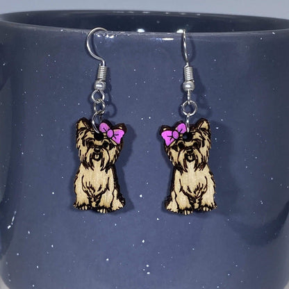 Yorkshire Terrier "Yorkies" Dangle Earrings - One Bow and One Without - Cate's Concepts, LLC