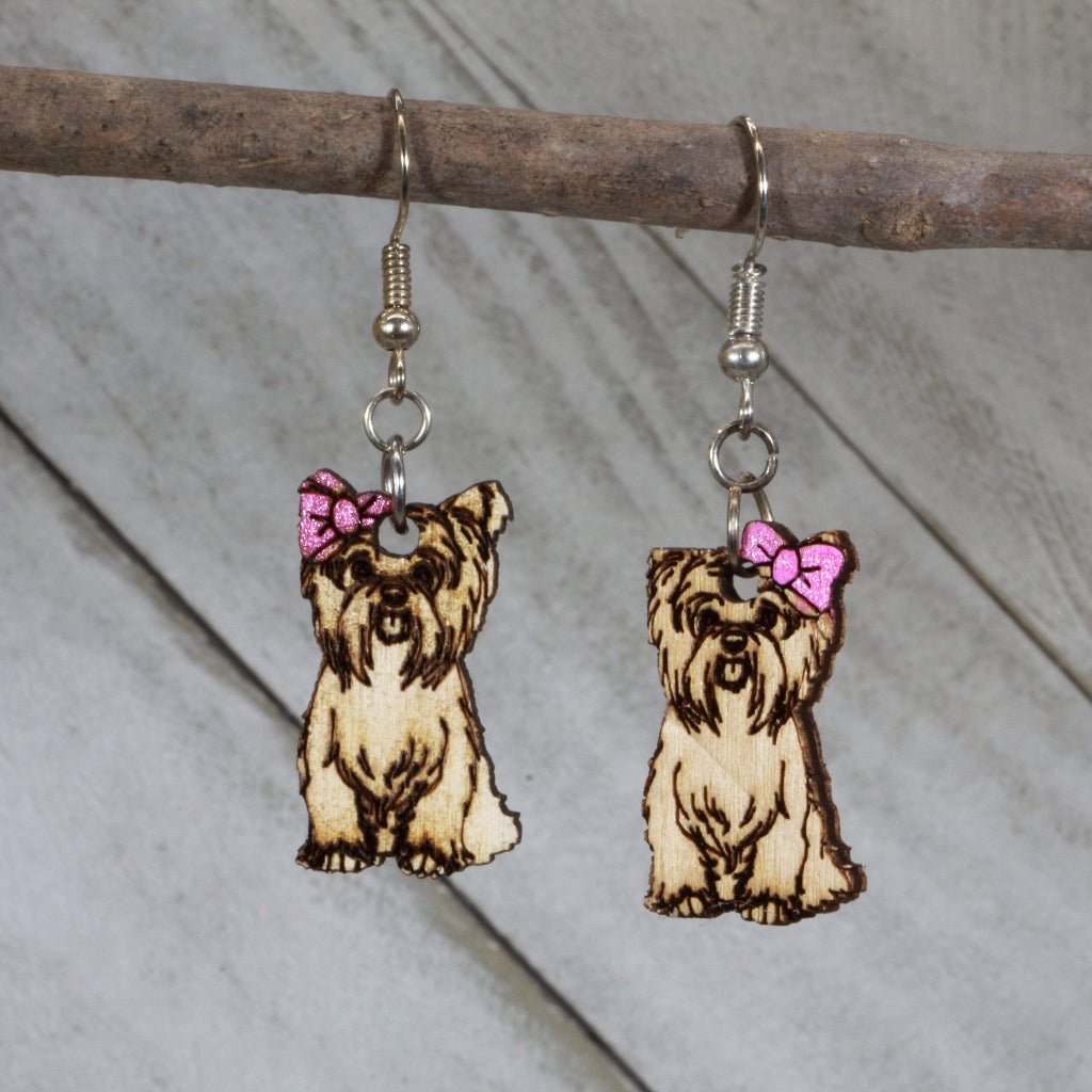 Yorkshire Terrier "Yorkies" Dangle Earrings - Two Bows - Cate's Concepts, LLC